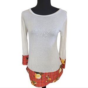 CELESTE long sleeve tee shirt wide contrasting plaid hem cuffs white sz Small